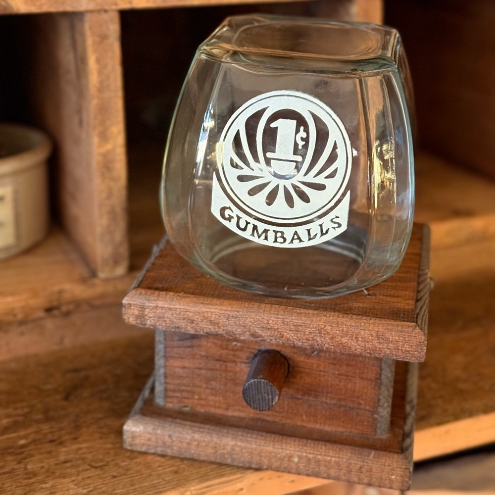 Vintage Knock on Wood Corporation Glass Gumball Jar with Wooden Base